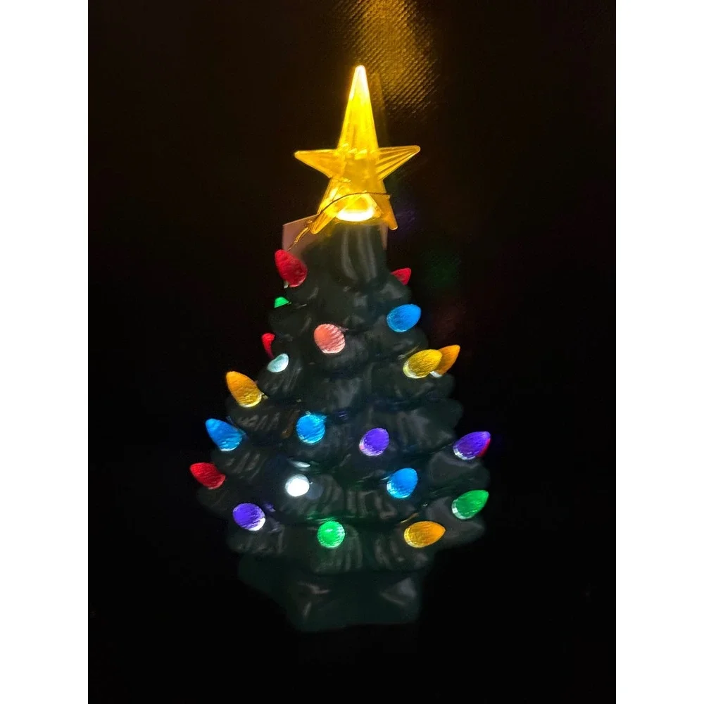Vintage Style Ceramic Mini Christmas Tree Green Tabletop Light Up Decor 7.5in